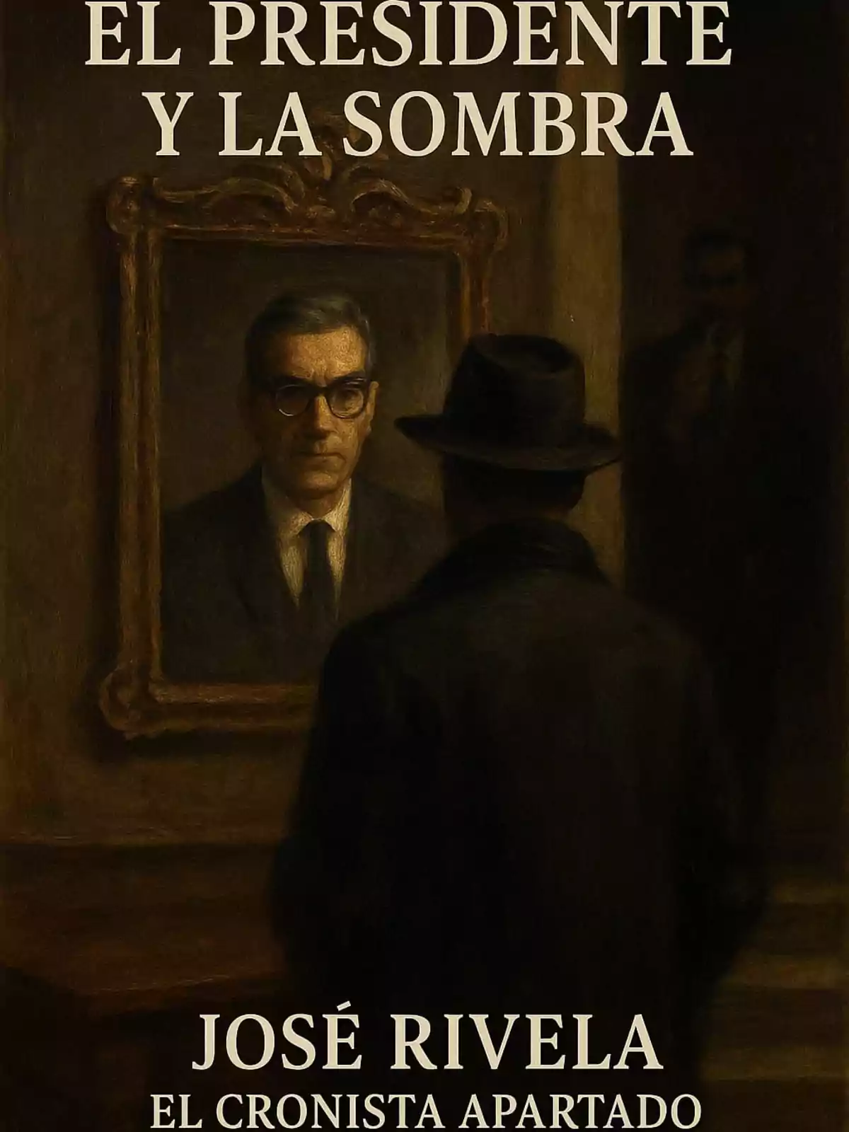 Portada de un libro titulado El presidente y la sombra de José Rivela que muestra a un hombre de espaldas mirando un retrato de un hombre con gafas y traje Portada de un libro titulado El presidente y la sombra de José Rivela que muestra a un hombre de espaldas mirando un retrato de un hombre con gafas y traje