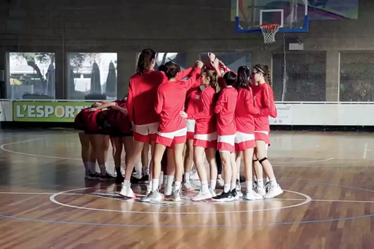 Equipo femenino de baloncesto reunido en círculo en la cancha antes de un partido
