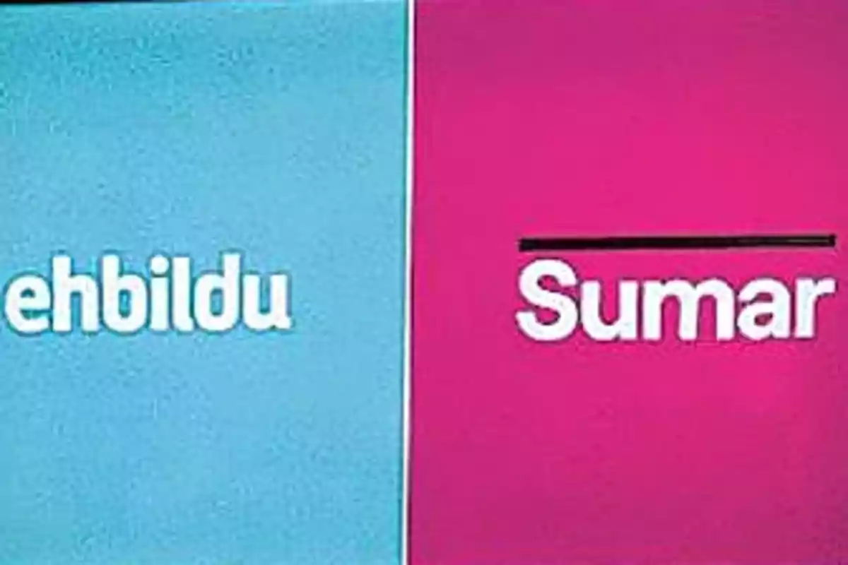 Dos recuadros, uno azul con la palabra ehbildu y otro rosa con la palabra Sumar subrayada en negro