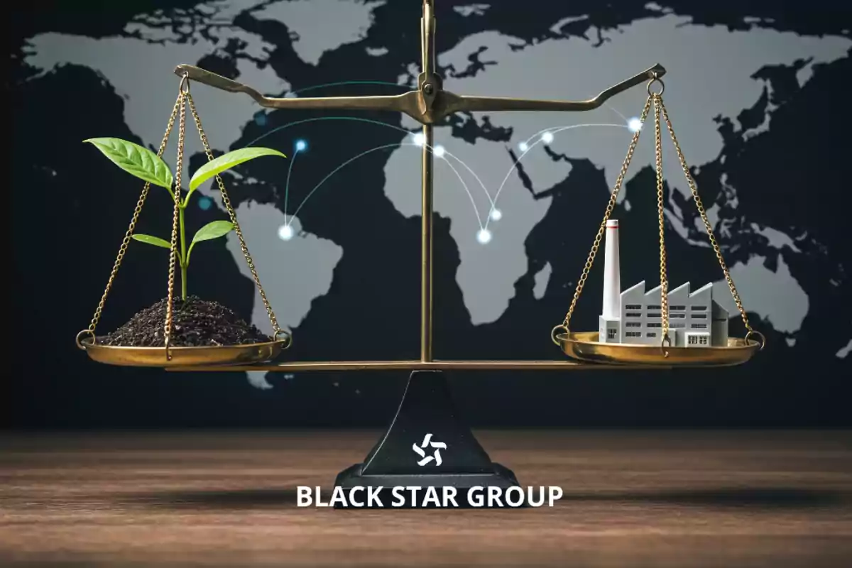 Una balanza con una planta y tierra en un lado y una maqueta de fábrica en el otro sobre un fondo de mapa mundial con conexiones y el texto Black Star Group