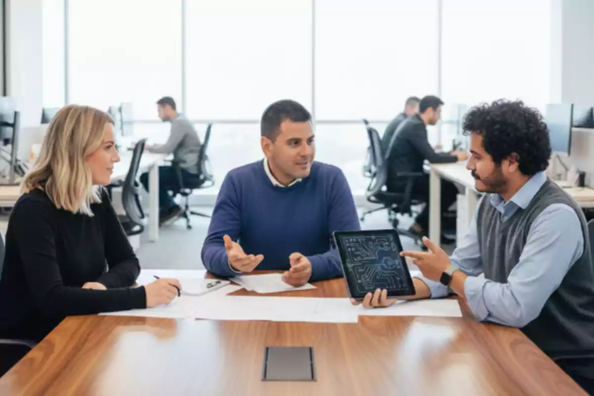 Tres personas sentadas en una mesa de oficina conversan mientras una de ellas muestra un diseño en una tablet