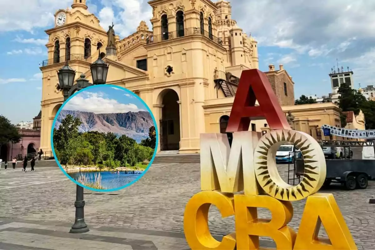 Letras coloridas que forman la palabra Amo Córdoba frente a una iglesia histórica con un círculo que muestra un paisaje de río, árboles y montañas al fondo