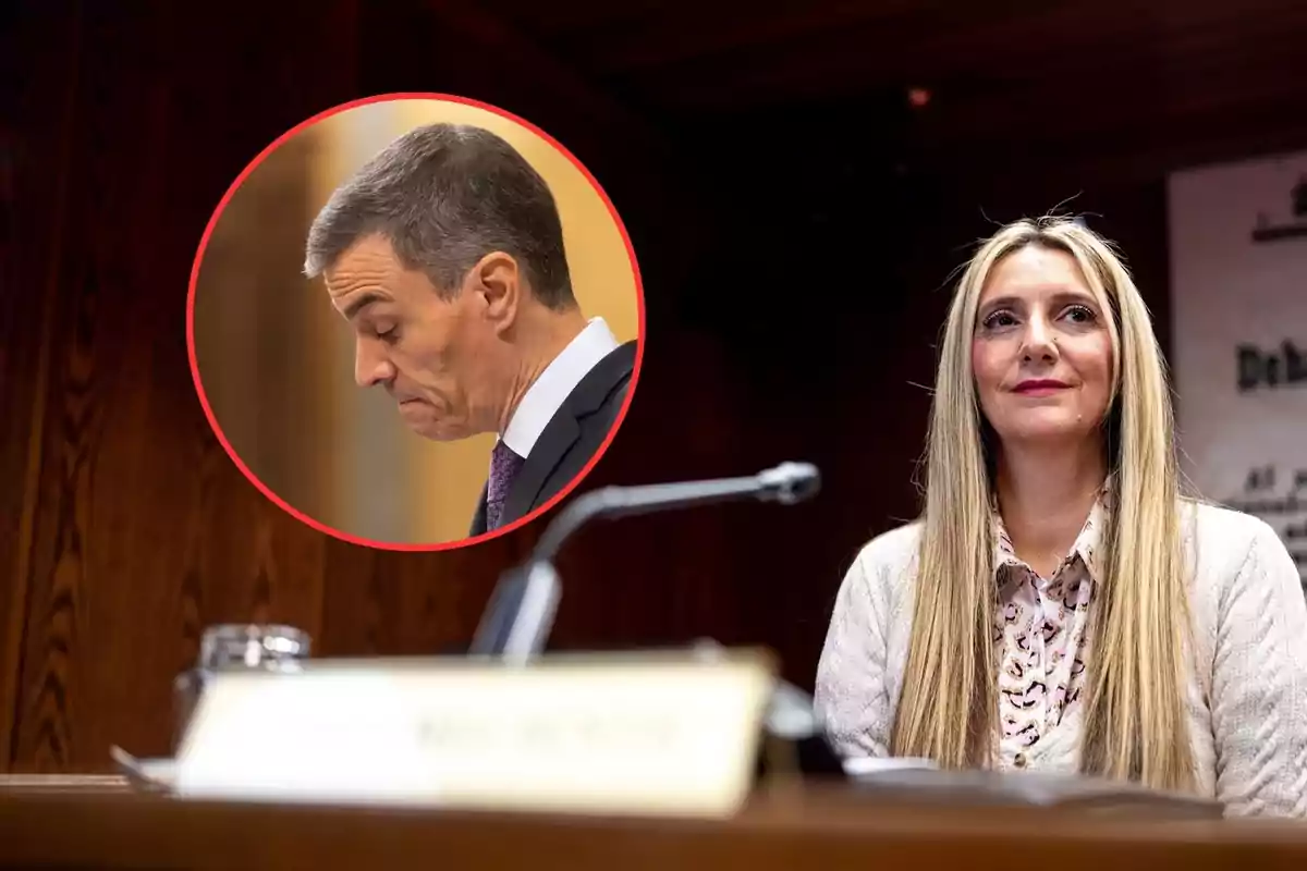 Una mujer de cabello largo y rubio sentada en una sala con un micrófono frente a ella y la imagen de un hombre de perfil dentro de un círculo rojo en la esquina superior izquierda