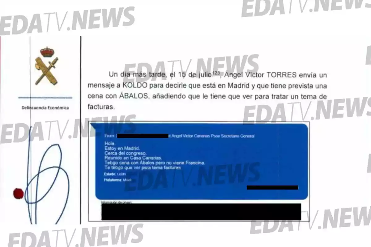 Documento con el logo de la Guardia Civil y el texto de un mensaje en el que se menciona una reunión en Madrid y una cena para tratar un tema de facturas, acompañado de la marca de agua EDATV.NEWS Documento con el logo de la Guardia Civil y el texto de un mensaje en el que se menciona una reunión en Madrid y una cena para tratar un tema de facturas, acompañado de la marca de agua EDATV.NEWS