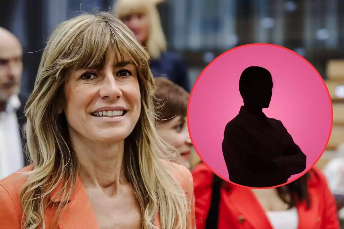 Mujer rubia sonriente con chaqueta naranja en primer plano y un círculo con la silueta de una persona en fondo rosa a la derecha