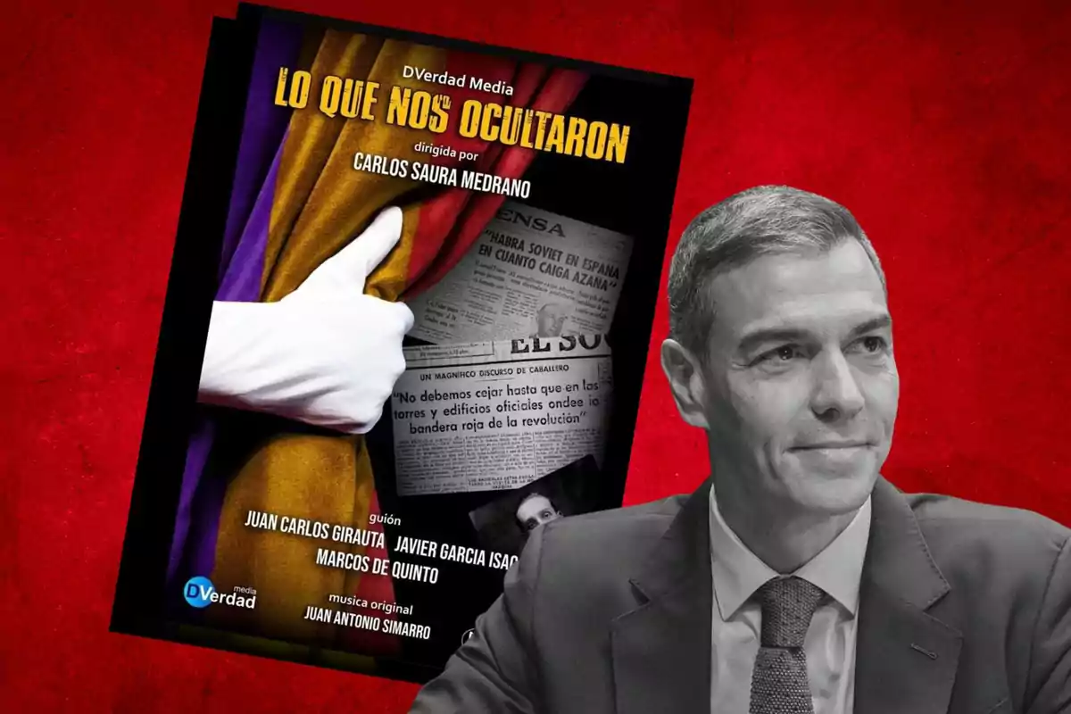 Cartel de la película Lo que nos ocultaron junto a la imagen en blanco y negro de un hombre con traje sobre un fondo rojo