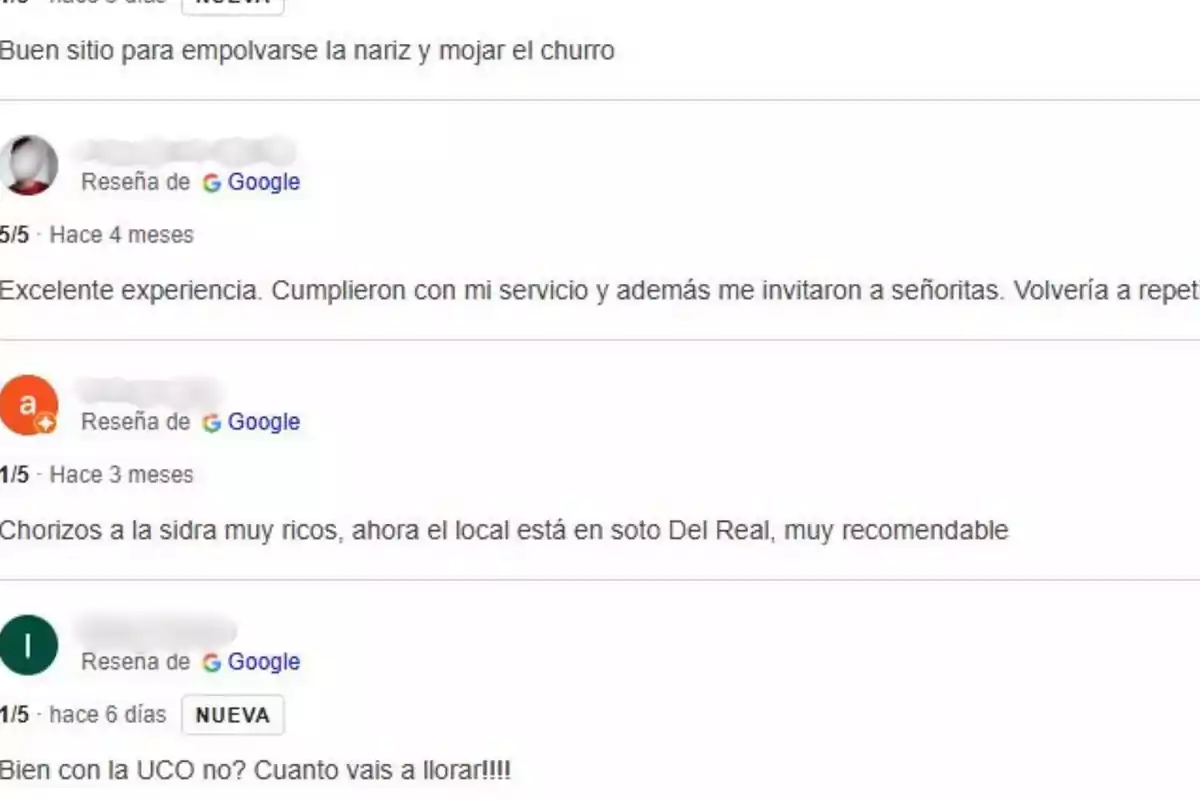 Captura de pantalla de varias reseñas de Google con comentarios y valoraciones variadas sobre un establecimiento Captura de pantalla de varias reseñas de Google con comentarios y valoraciones variadas sobre un establecimiento