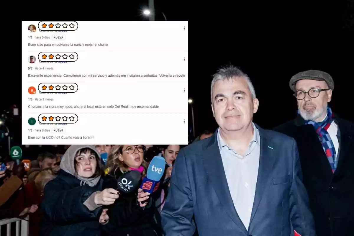 Un hombre de traje camina acompañado de otra persona mayor con gafas y gorra, mientras varios periodistas con micrófonos lo rodean; en la esquina superior izquierda aparecen capturas de reseñas de Google con comentarios y valoraciones bajas.