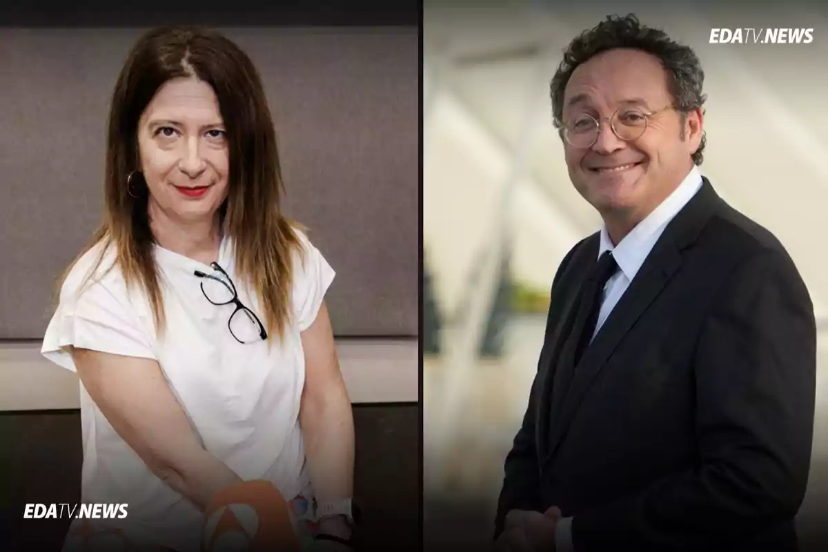 Una mujer con cabello largo y lacio lleva una camiseta blanca y gafas colgadas en el cuello mientras un hombre con gafas y traje oscuro sonríe en un entorno exterior ambos aparecen en una imagen dividida por la mitad