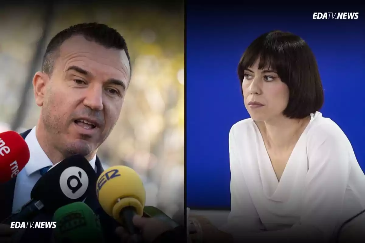 Un hombre hablando frente a varios micrófonos y una mujer de cabello corto y oscuro con expresión seria sobre un fondo azul