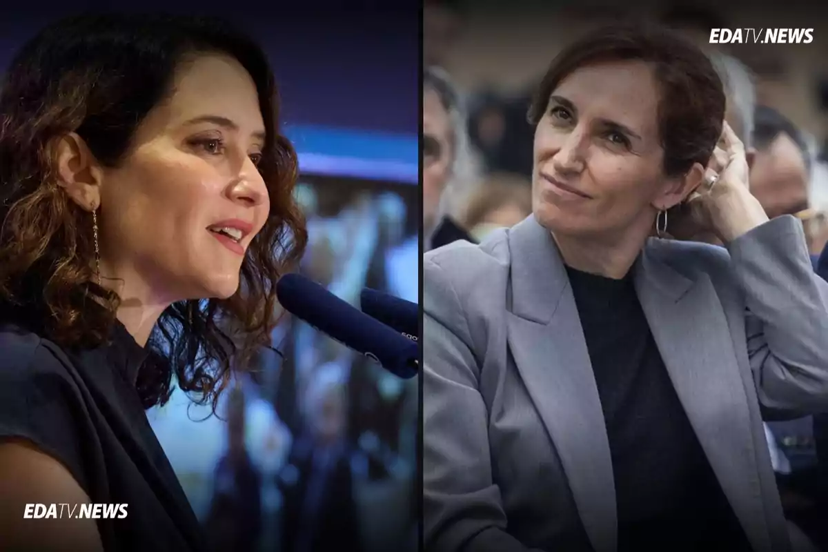 Dos mujeres en primer plano, una hablando frente a un micrófono y la otra escuchando atentamente, ambas en ambientes formales