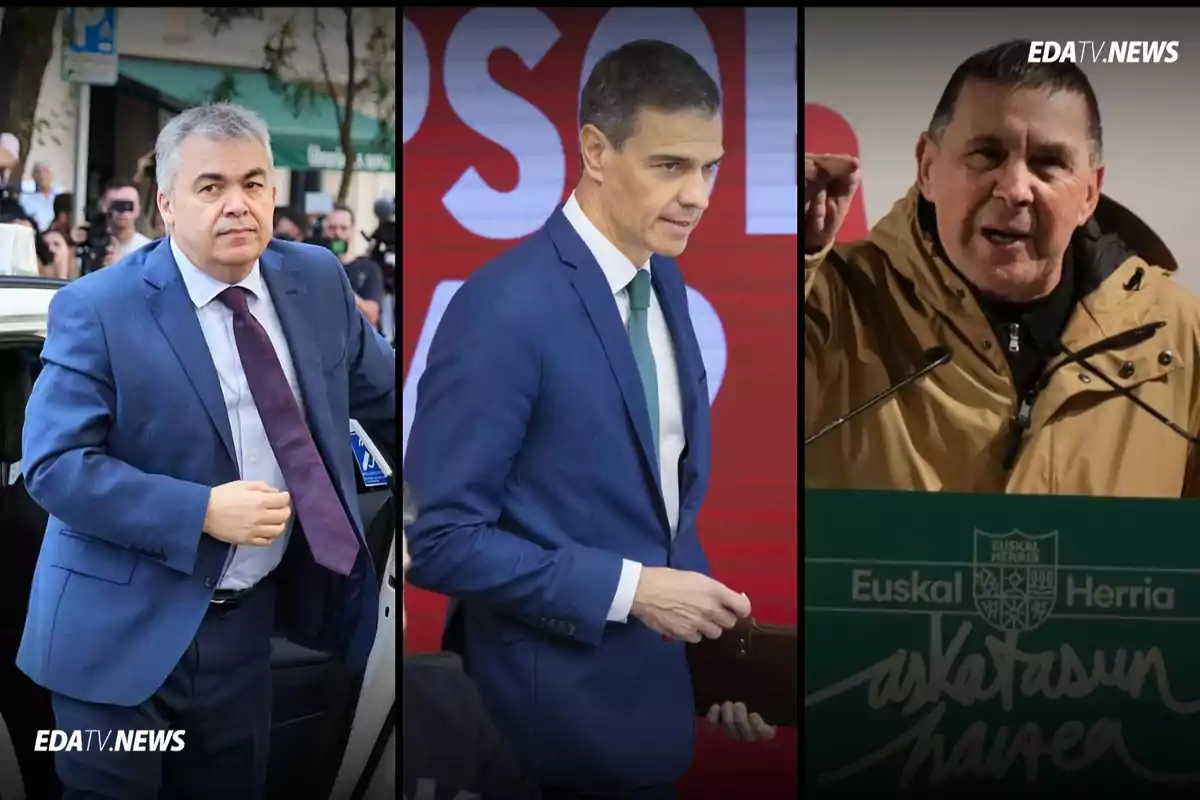 Tres hombres en diferentes escenarios divididos en tres secciones uno saliendo de un coche otro en un evento con fondo rojo y el tercero hablando en un podio con chaqueta beige