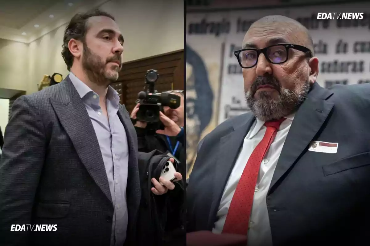 Dos hombres con traje aparecen en una imagen dividida, uno de ellos sostiene un teléfono móvil y el otro lleva gafas y corbata roja, ambos en ambientes formales.