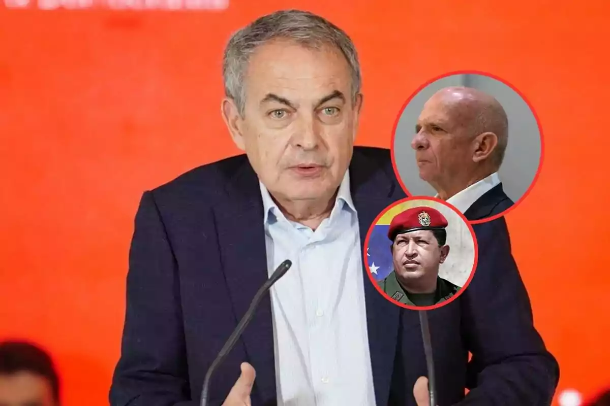 Hombre de cabello canoso hablando frente a un micrófono con fondo rojo y dos círculos que muestran a otros dos hombres, uno calvo y otro con boina roja y uniforme militar.