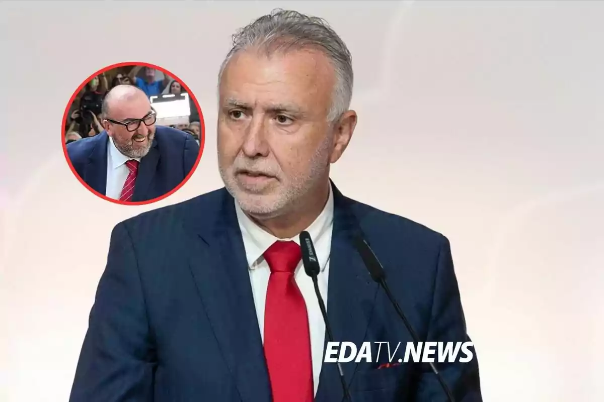 Hombre de cabello canoso y traje azul con corbata roja hablando frente a micrófonos, con un recuadro en la esquina mostrando a otro hombre calvo y con gafas sonriendo, ambos con fondo claro y el logo EDATV.NEWS en la imagen.