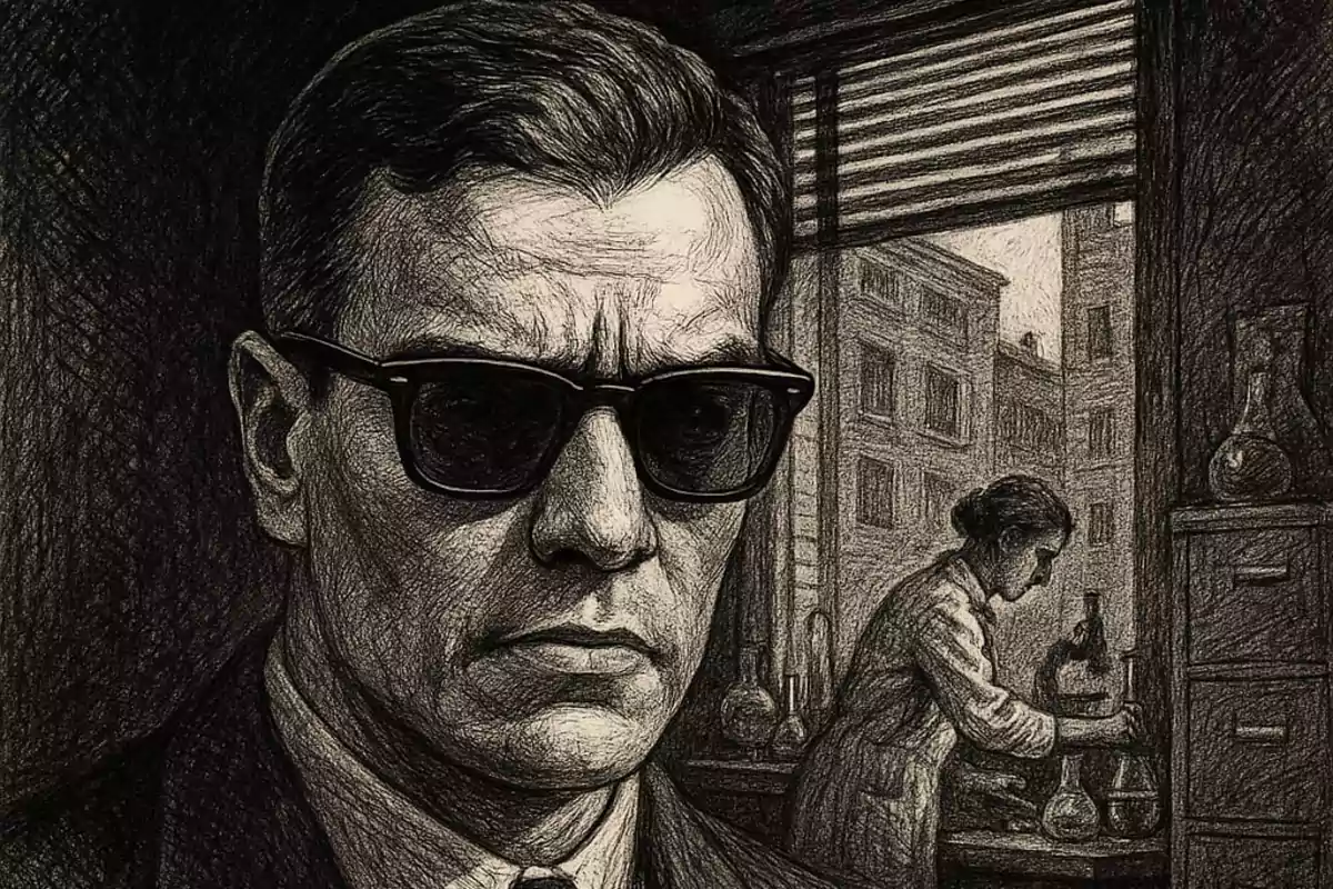 Retrato en blanco y negro de un hombre con gafas oscuras en primer plano y una mujer trabajando en un laboratorio al fondo junto a una ventana Retrato en blanco y negro de un hombre con gafas oscuras en primer plano y una mujer trabajando en un laboratorio al fondo junto a una ventana