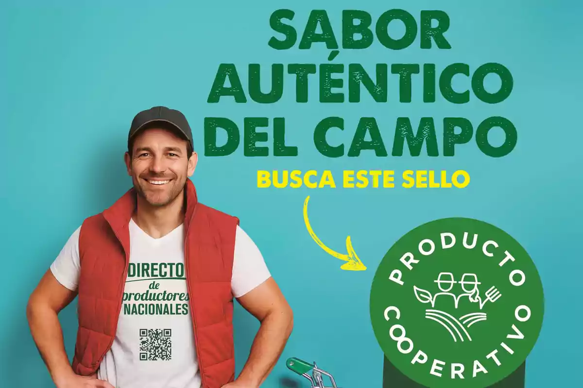 Hombre sonriente con gorra y chaleco rojo junto a un sello verde que dice producto cooperativo y el texto sabor auténtico del campo busca este sello