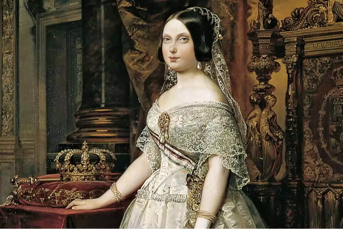 Retrato de una reina vestida con un elegante vestido de encaje claro y joyas, posando junto a una corona y un cetro sobre una mesa en un lujoso entorno palaciego