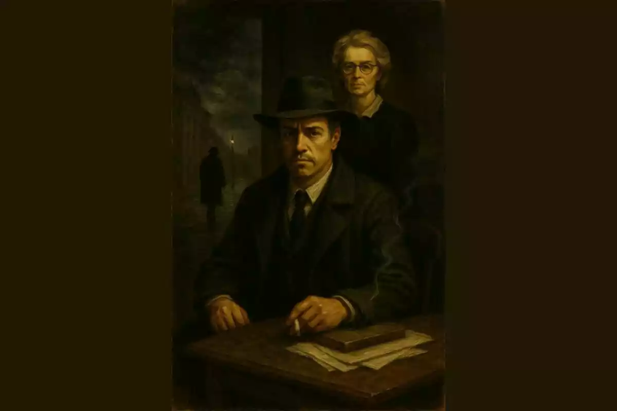 Un hombre con sombrero y abrigo oscuro está sentado en una mesa con papeles y un libro, sostiene un cigarro mientras una mujer de cabello claro y gafas está de pie detrás de él, al fondo se ve una calle oscura con una figura caminando bajo la luz de un farol