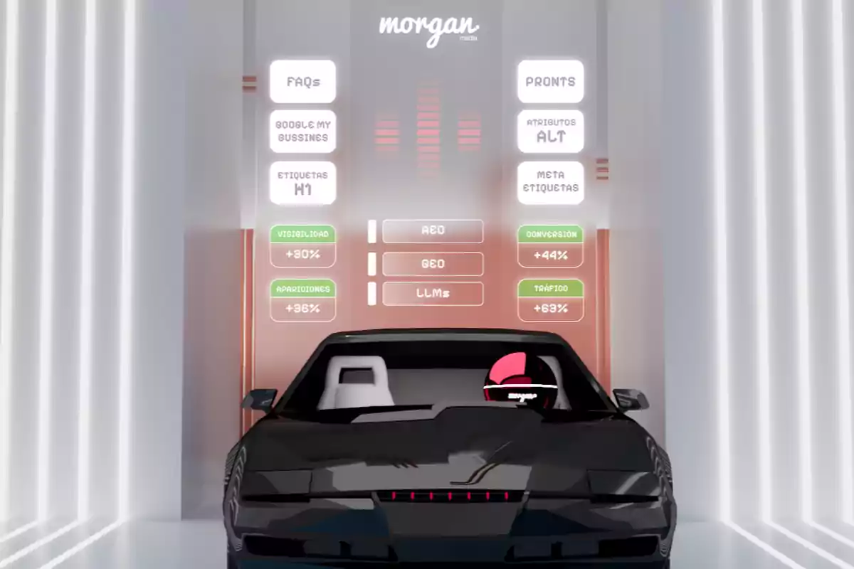 Auto negro futurista en un entorno iluminado con gráficos digitales y estadísticas de marketing en el fondo