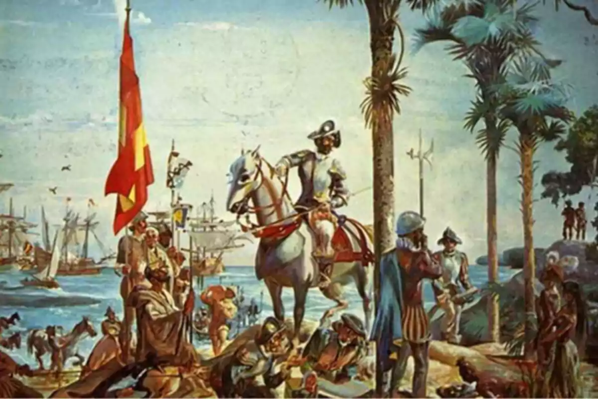 Conquistadores españoles desembarcando en una playa con barcos al fondo, un hombre a caballo y varios soldados interactuando con indígenas entre palmeras y una bandera roja y amarilla ondeando