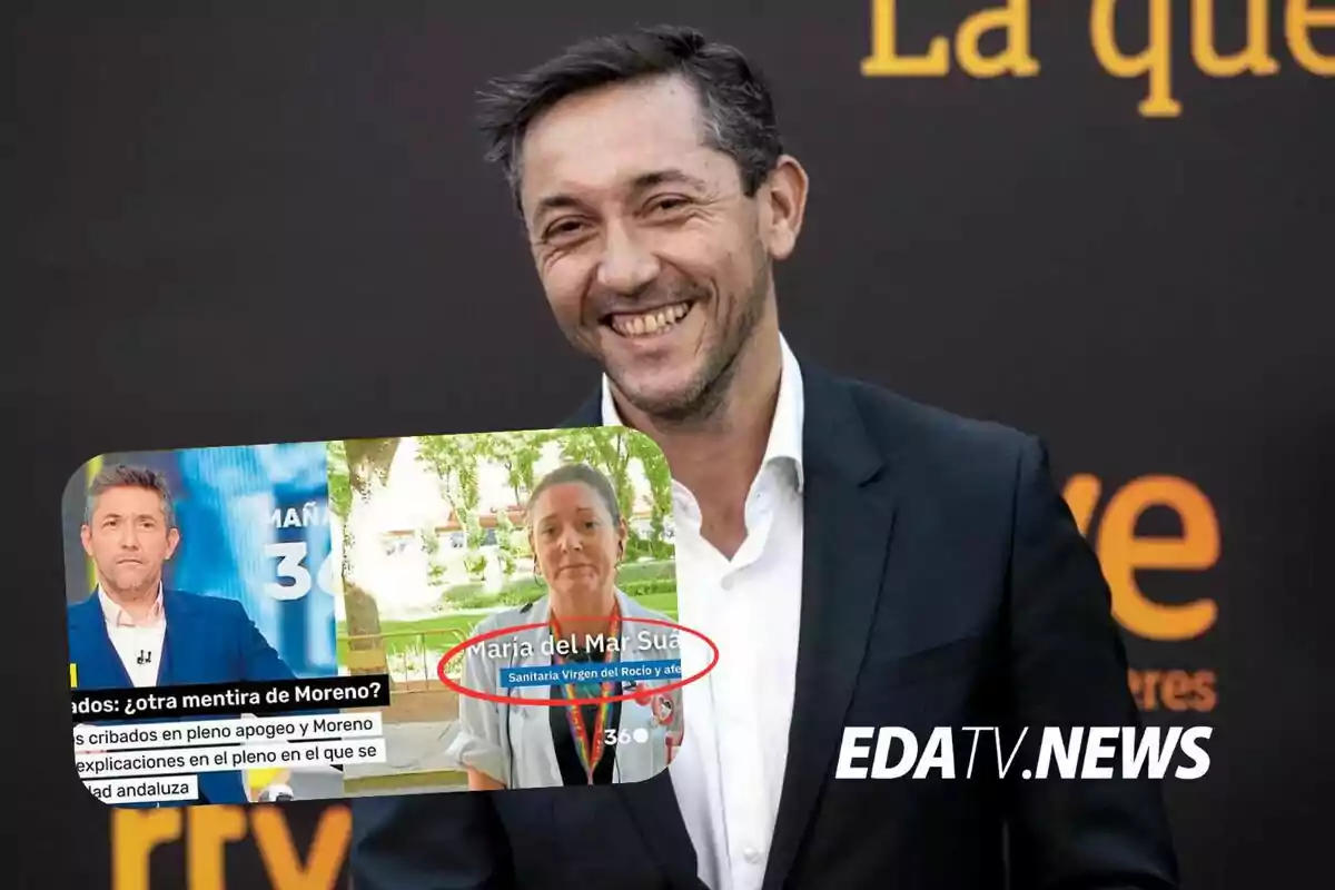 Hombre sonriente con barba y cabello corto vestido con traje oscuro y camisa blanca de fondo negro con letras amarillas y un recuadro en la esquina inferior izquierda que muestra una captura de pantalla de un programa de televisión con dos personas y texto informativo, junto al logo de EDATV.NEWS
