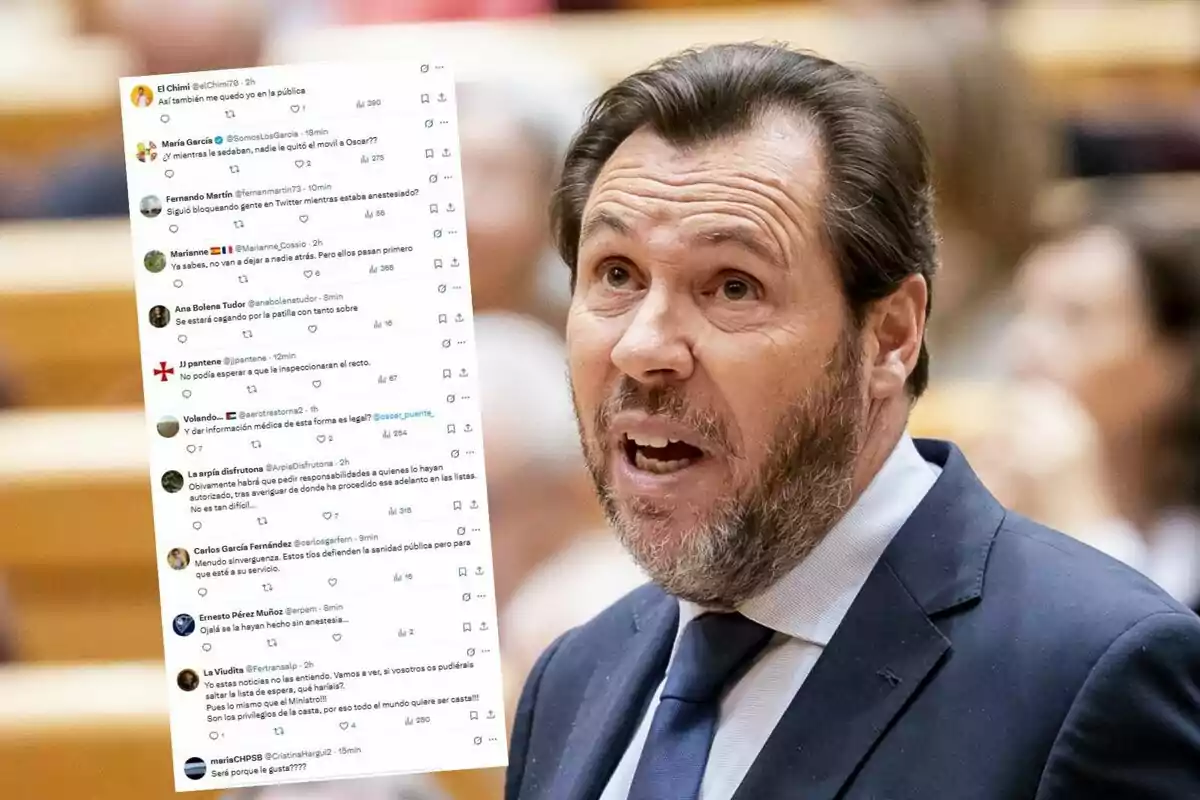 Un hombre con barba y traje oscuro aparece hablando en un lugar público, mientras a su lado se muestra una captura de pantalla con varios comentarios de redes sociales.