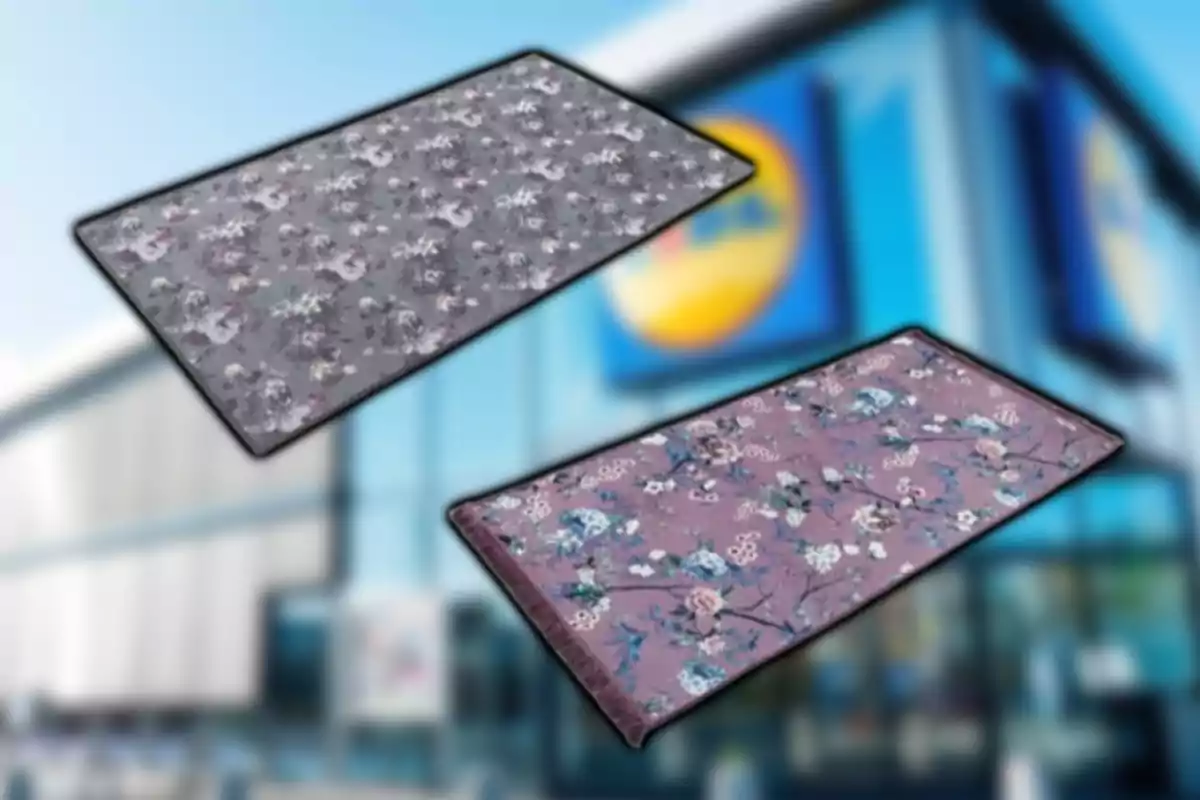 Dos tapetes con diseño floral en tonos gris y rosa frente a una tienda con el logo borroso de fondo