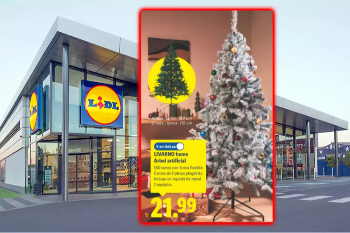 Fachada de una tienda Lidl con un anuncio de árbol de Navidad artificial en oferta por 21.99 euros