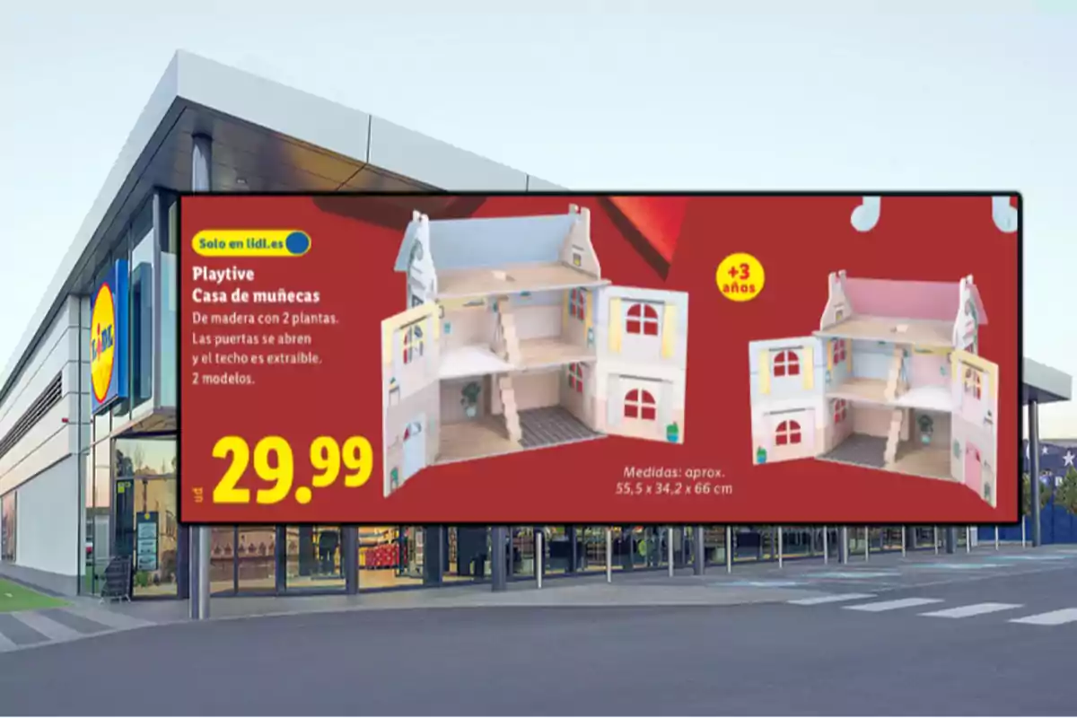 Publicidad de una casa de muñecas de madera de dos plantas en oferta por 29,99 euros en una tienda Lidl