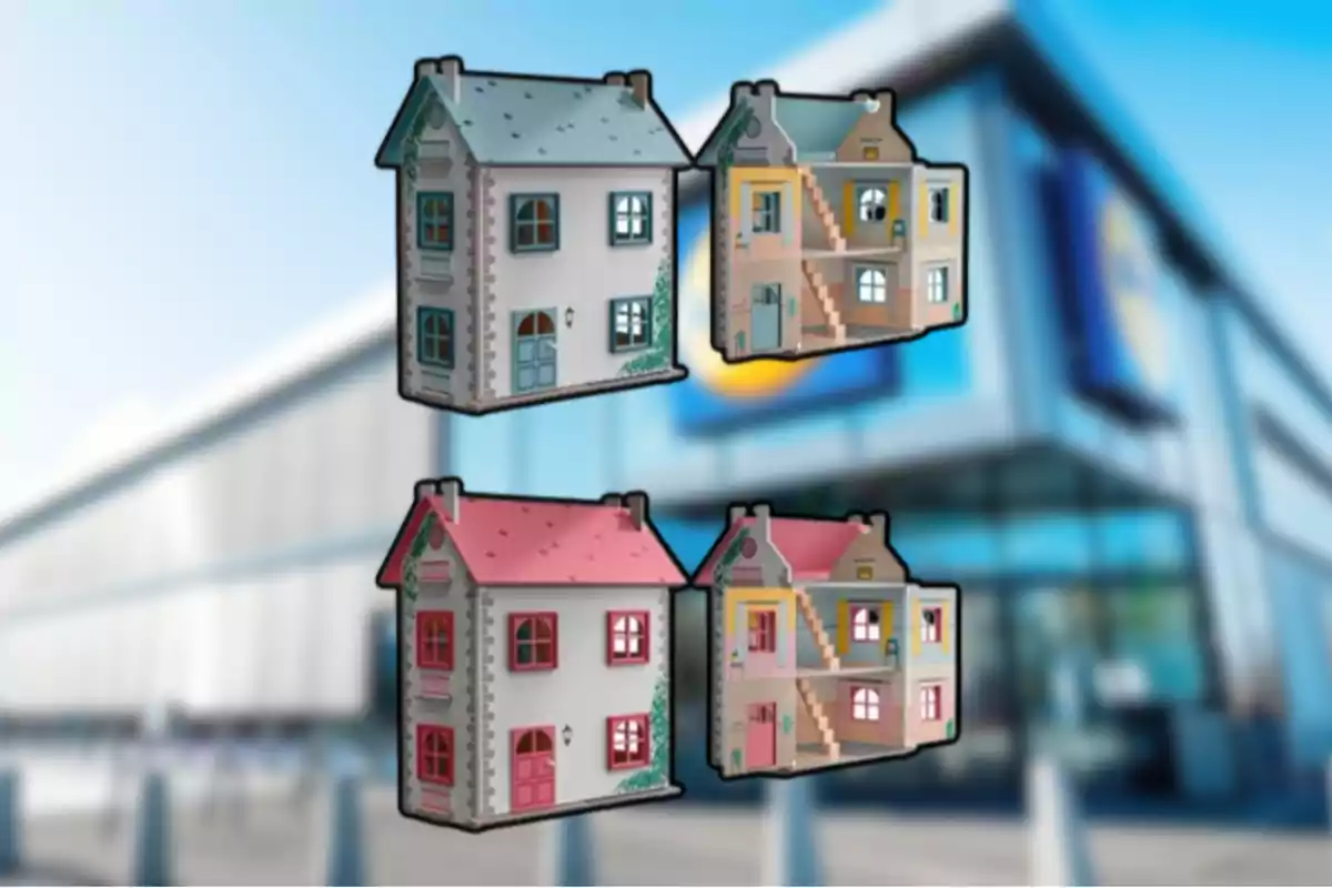 Cuatro casas de juguete tipo casa de muñecas con diferentes colores y detalles sobre un fondo borroso de una tienda