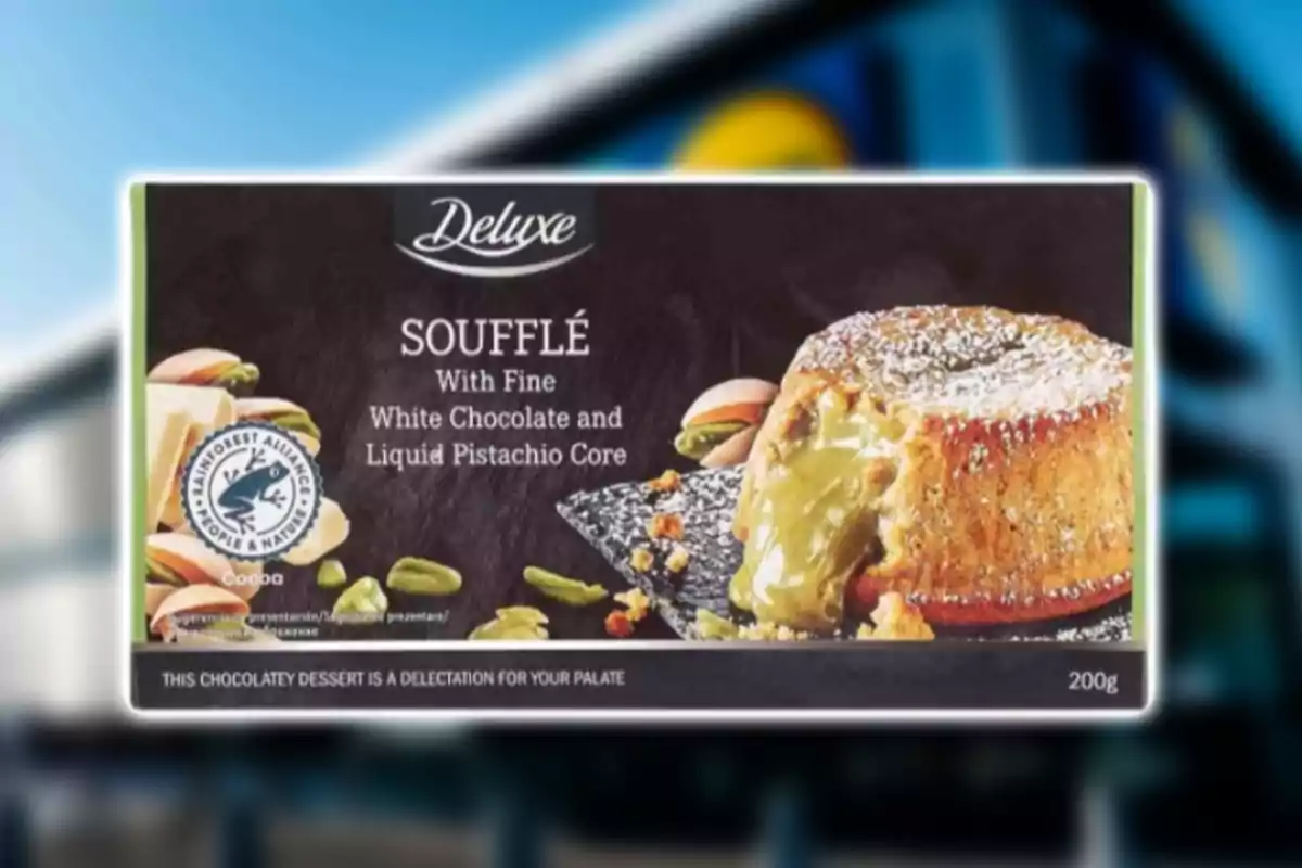 Caja de soufflé Deluxe de chocolate blanco con centro líquido de pistacho decorado con azúcar glas y rodeado de pistachos y trozos de chocolate blanco