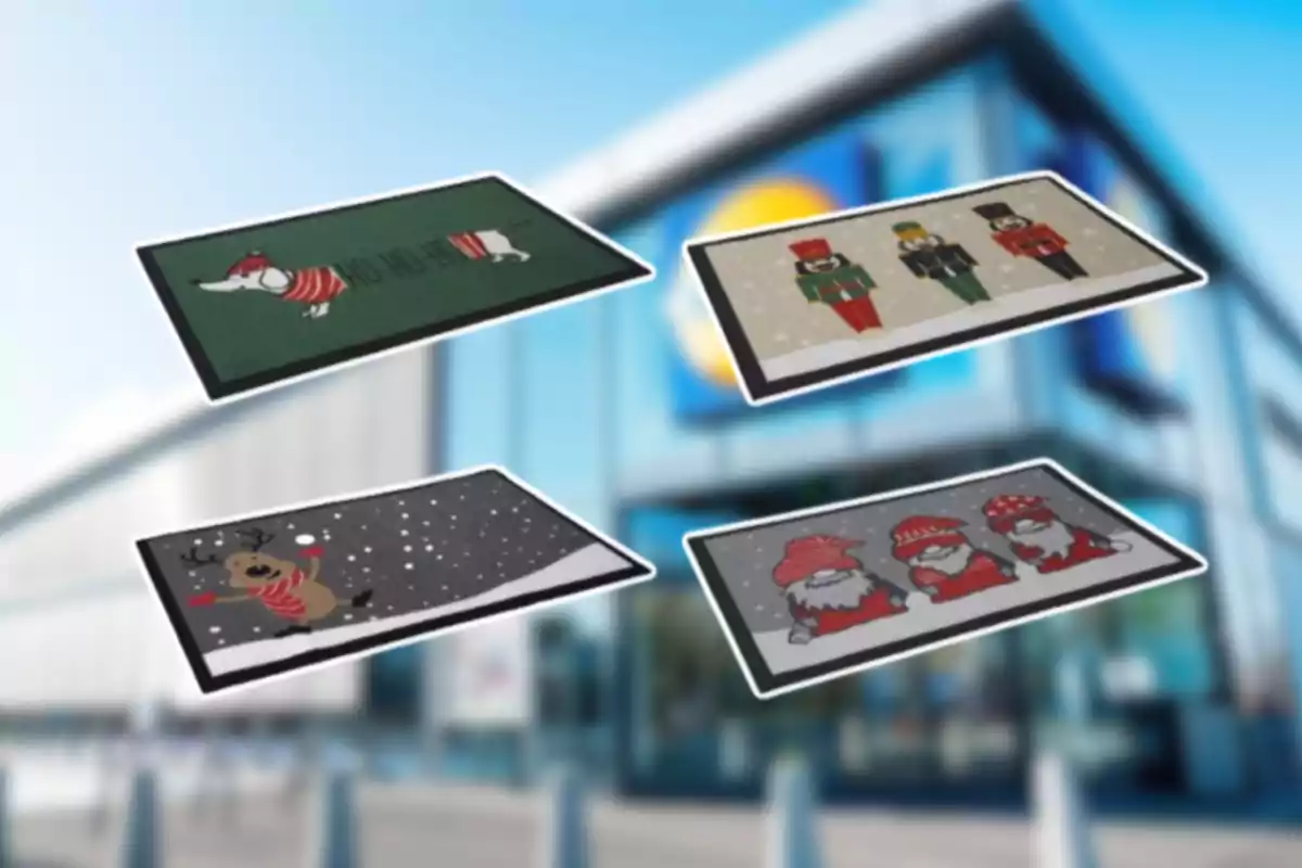 Cuatro tapetes con diseños navideños flotan frente a la entrada de una tienda con fachada de vidrio y un letrero azul y amarillo desenfocado.