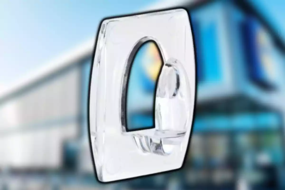 Gancho transparente de plástico con fondo de edificio desenfocado