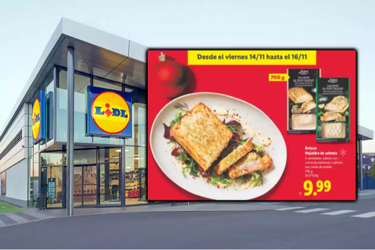 Fachada de supermercado Lidl con un cartel promocional de hojaldre de salmón a 9,99 euros disponible por tiempo limitado
