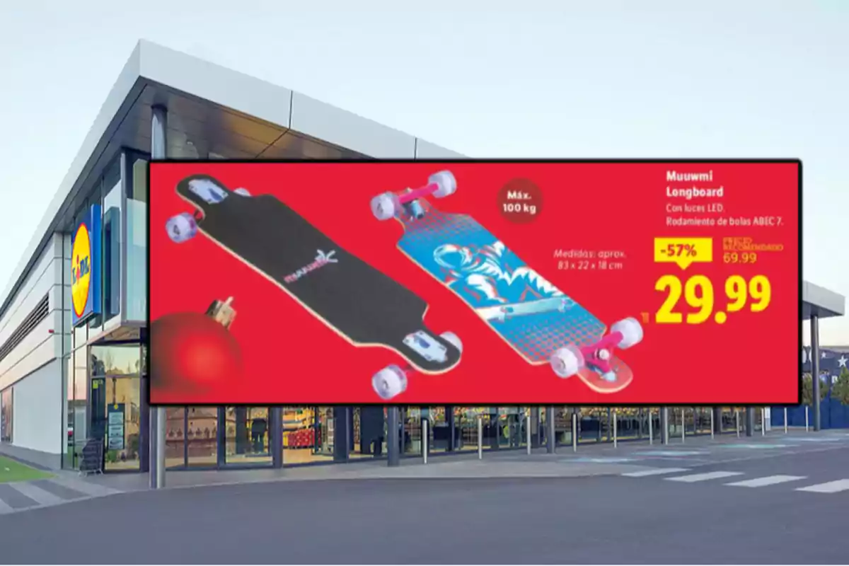 Publicidad de longboards Muuwmi en oferta por 29.99 euros en la fachada de una tienda Lidl