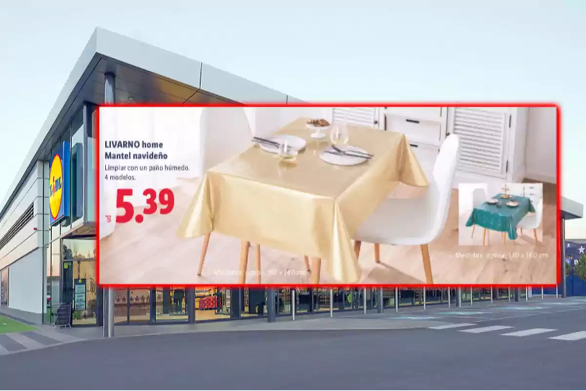 Publicidad de un mantel navideño dorado de la marca LIVARNO home en una tienda Lidl con precio de 5.39 euros y la indicación de limpiar con un paño húmedo