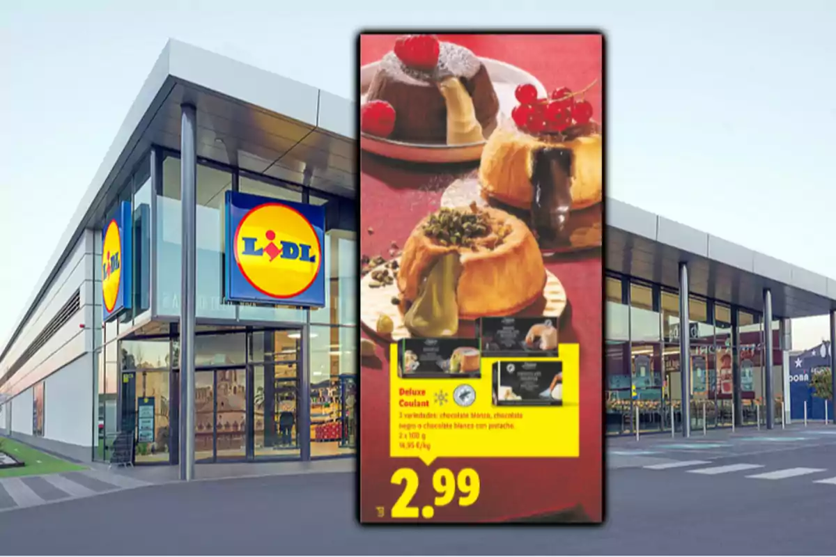 Fachada de supermercado Lidl con un cartel promocional de postres Deluxe Coulant en diferentes sabores y precio destacado