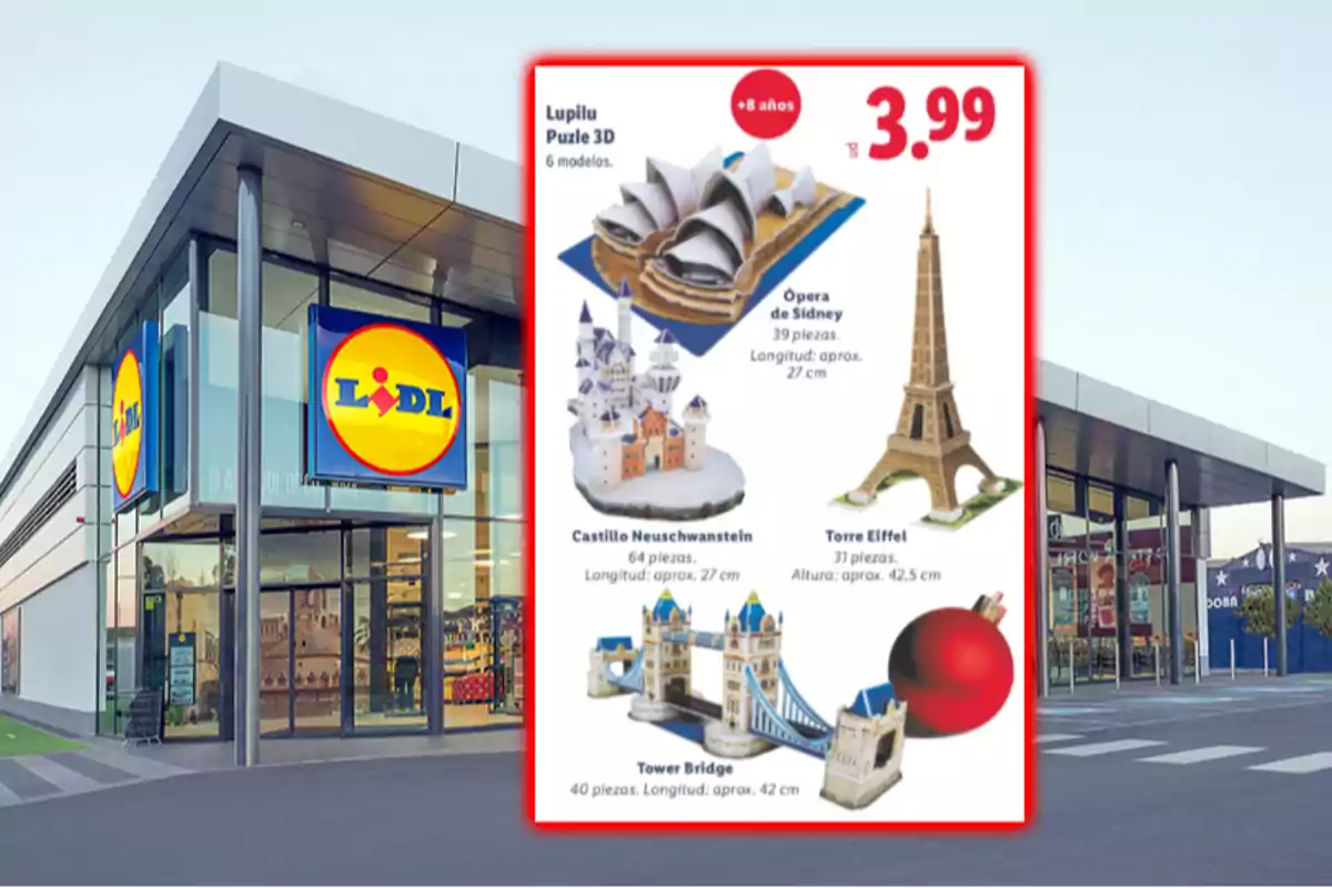 Fachada de una tienda Lidl con un cartel promocional de puzzles 3D de monumentos famosos y su precio destacado Fachada de una tienda Lidl con un cartel promocional de puzzles 3D de monumentos famosos y su precio destacado