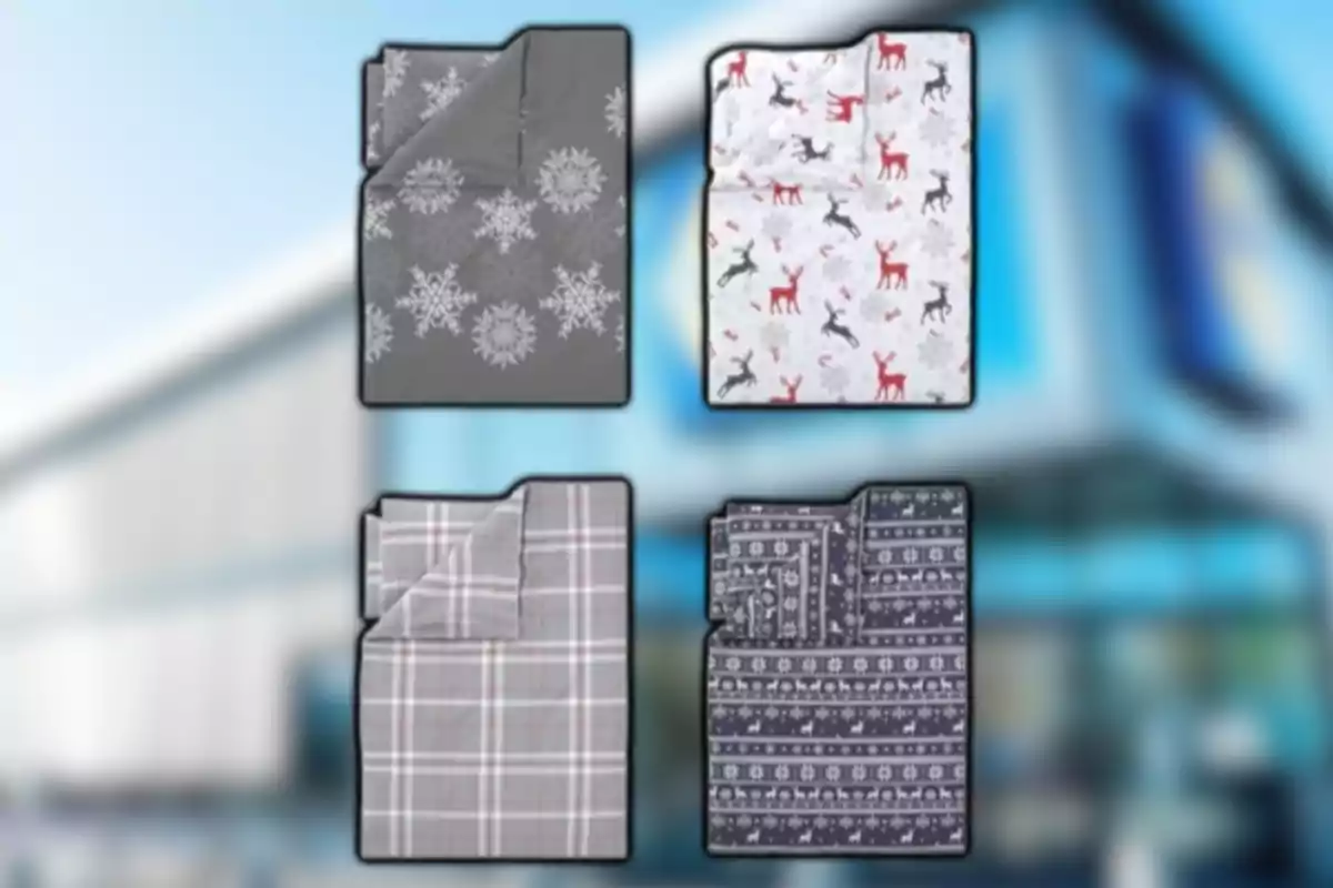 Cuatro cobijas dobladas con diferentes diseños invernales y navideños sobre un fondo desenfocado.