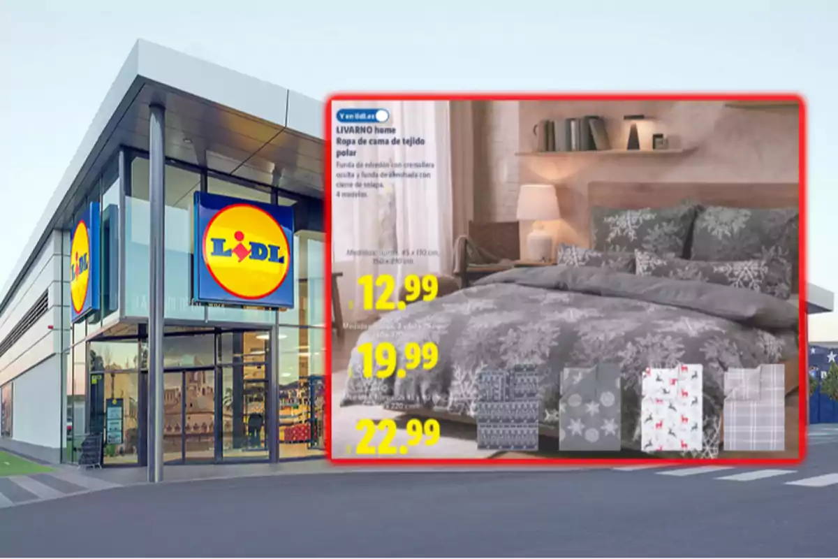 Fachada de una tienda Lidl con un anuncio de ropa de cama de tejido polar en diferentes modelos y precios destacados en amarillo