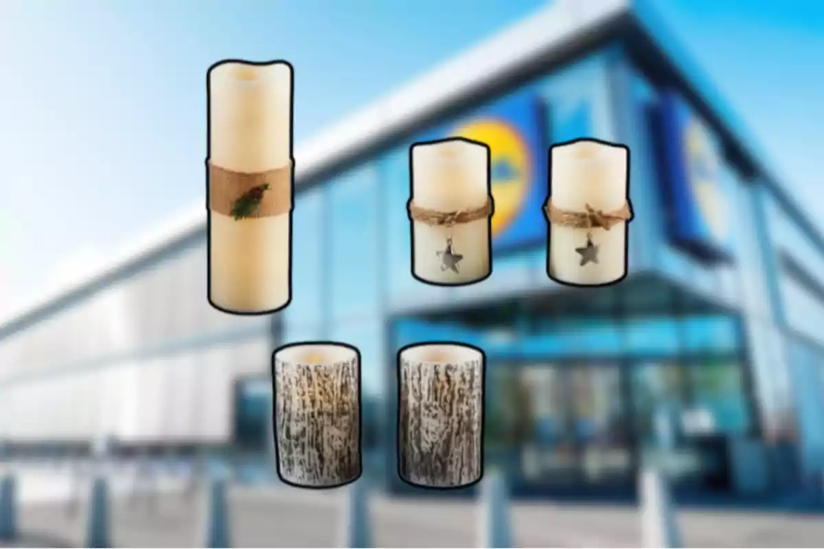 Varios modelos de velas decorativas sobre un fondo borroso de una tienda.