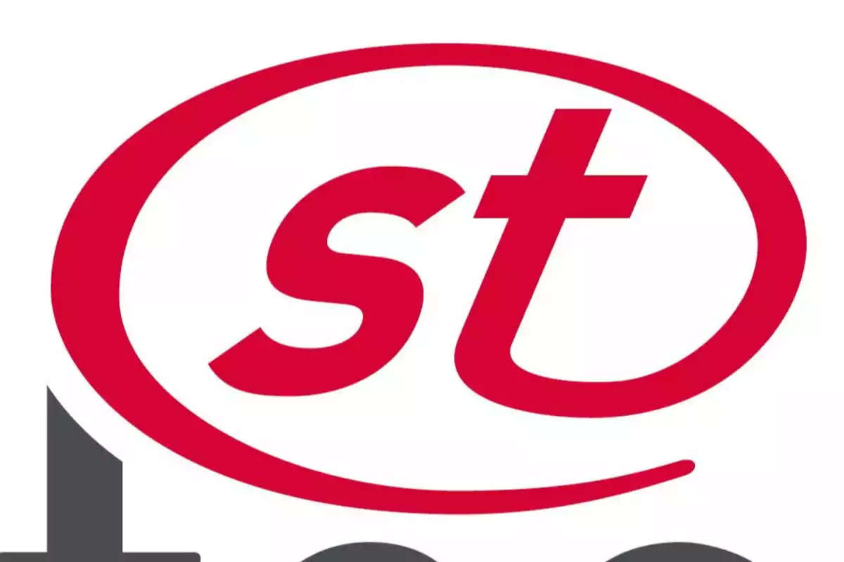 Logotipo con las letras st en color rojo dentro de un óvalo rojo sobre fondo blanco