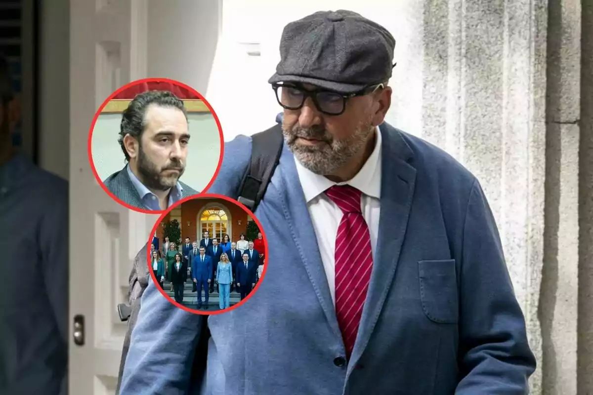 Hombre con gafas y gorra gris vestido con saco azul y corbata roja, lleva una mochila y aparece en primer plano, sobre la imagen hay dos círculos rojos con el retrato de otro hombre y una foto grupal de personas en escaleras.