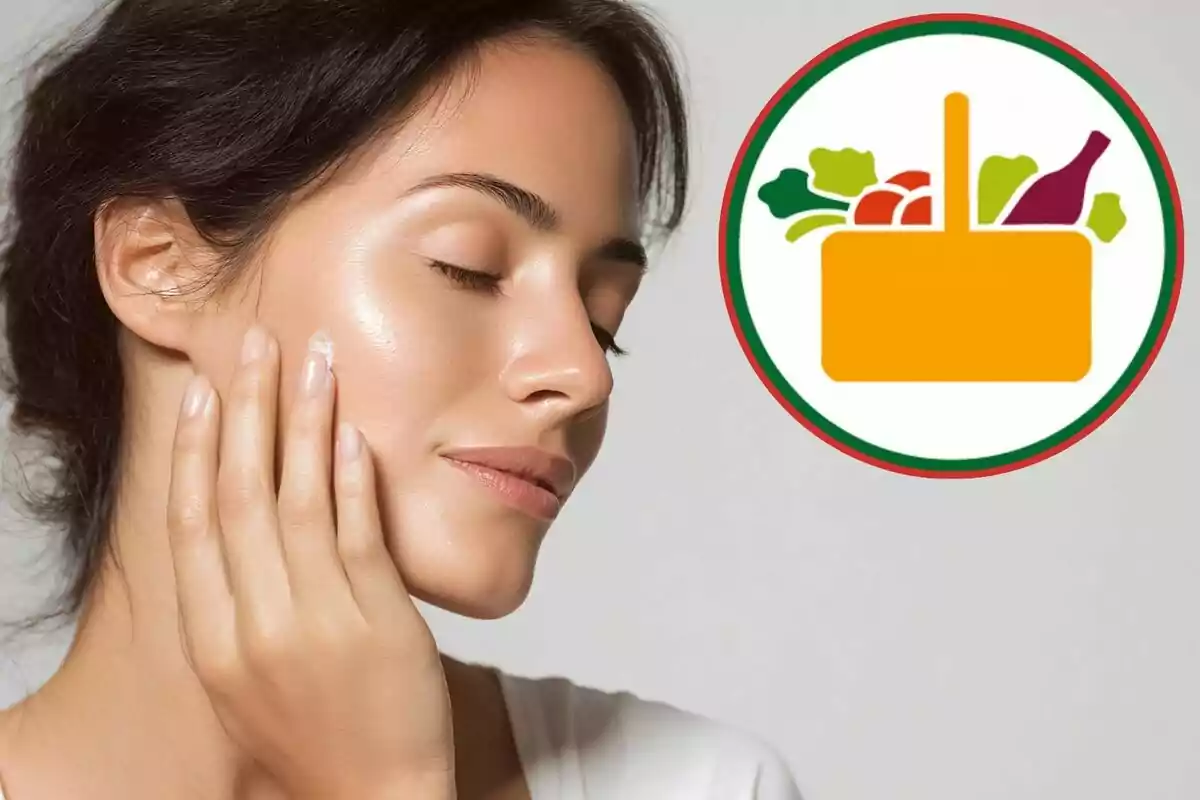 Mujer con piel radiante tocando su rostro y un ícono de canasta con alimentos en el fondo