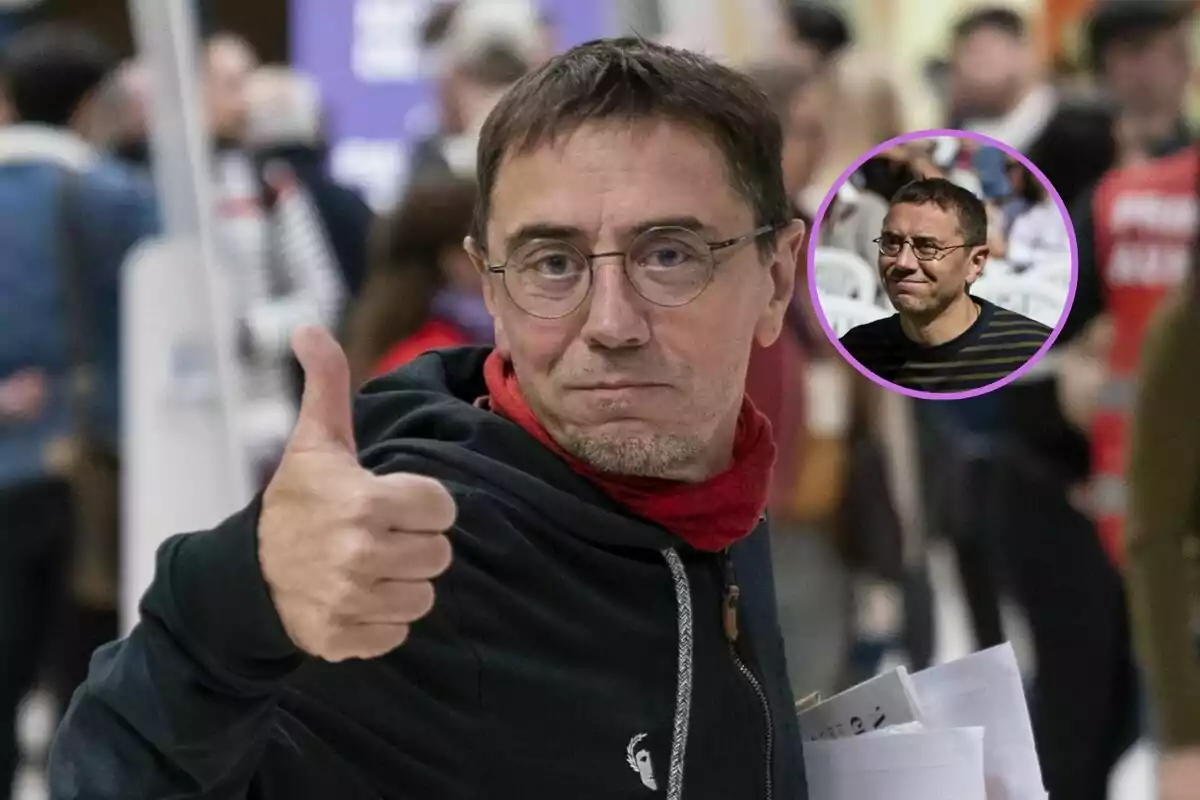 Hombre con gafas y bufanda roja haciendo un gesto de pulgar arriba mientras sostiene papeles, con un círculo que muestra su rostro en otra situación sobre un fondo de personas desenfocadas