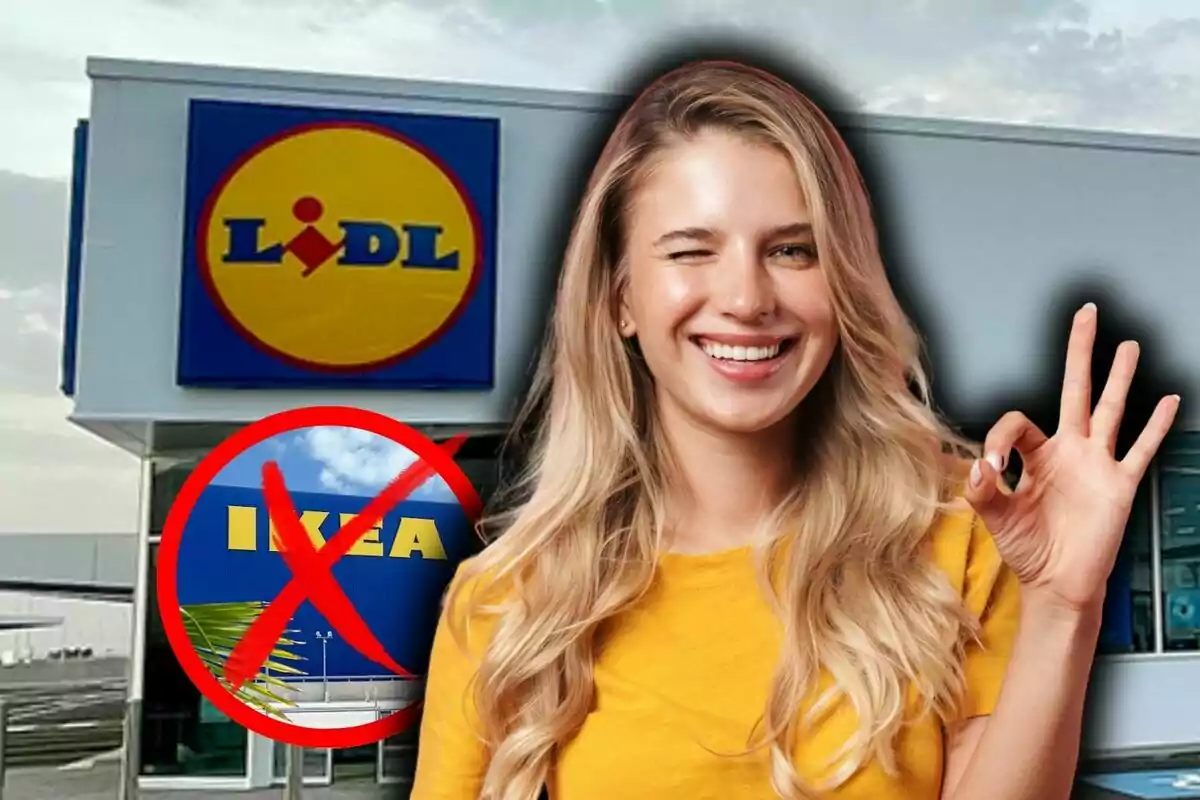 Mujer sonriente haciendo el gesto de ok frente a una tienda Lidl con un símbolo de prohibido sobre el logo de IKEA.