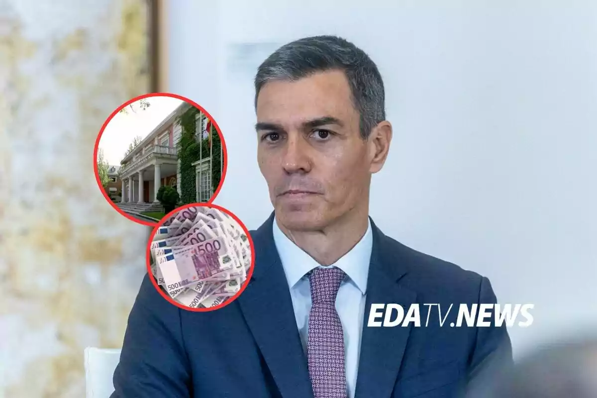 Hombre de traje con expresión seria al fondo dos círculos muestran una casa grande y varios billetes de 500 euros junto al logo de EDATV NEWS