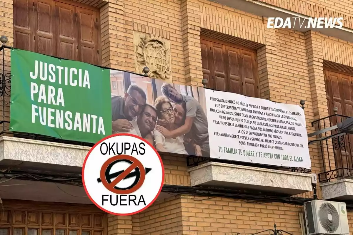Balcón de un edificio con pancartas que piden justicia para Fuensanta y la expulsión de okupas, junto a una foto familiar y un mensaje de apoyo