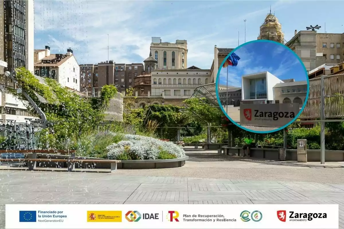 Vista de una plaza urbana con jardines y fuentes rodeada de edificios, con un recuadro que muestra la entrada moderna del Ayuntamiento de Zaragoza y varios logotipos institucionales en la parte inferior